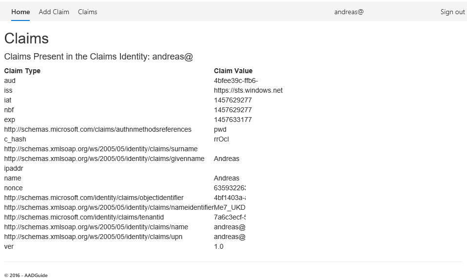 Claims - Listing the contents of the token